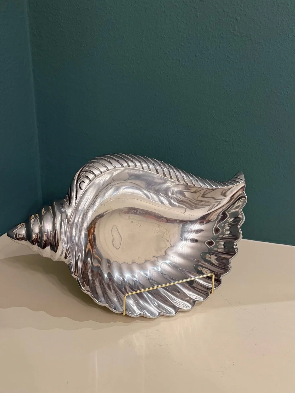 Large silver pewter sea shell conch bowl platter catchall dish